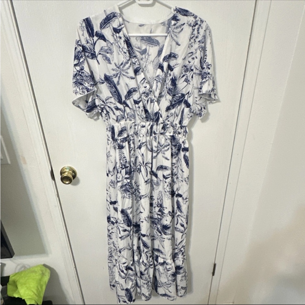 Navy and White Floral Midi Dress